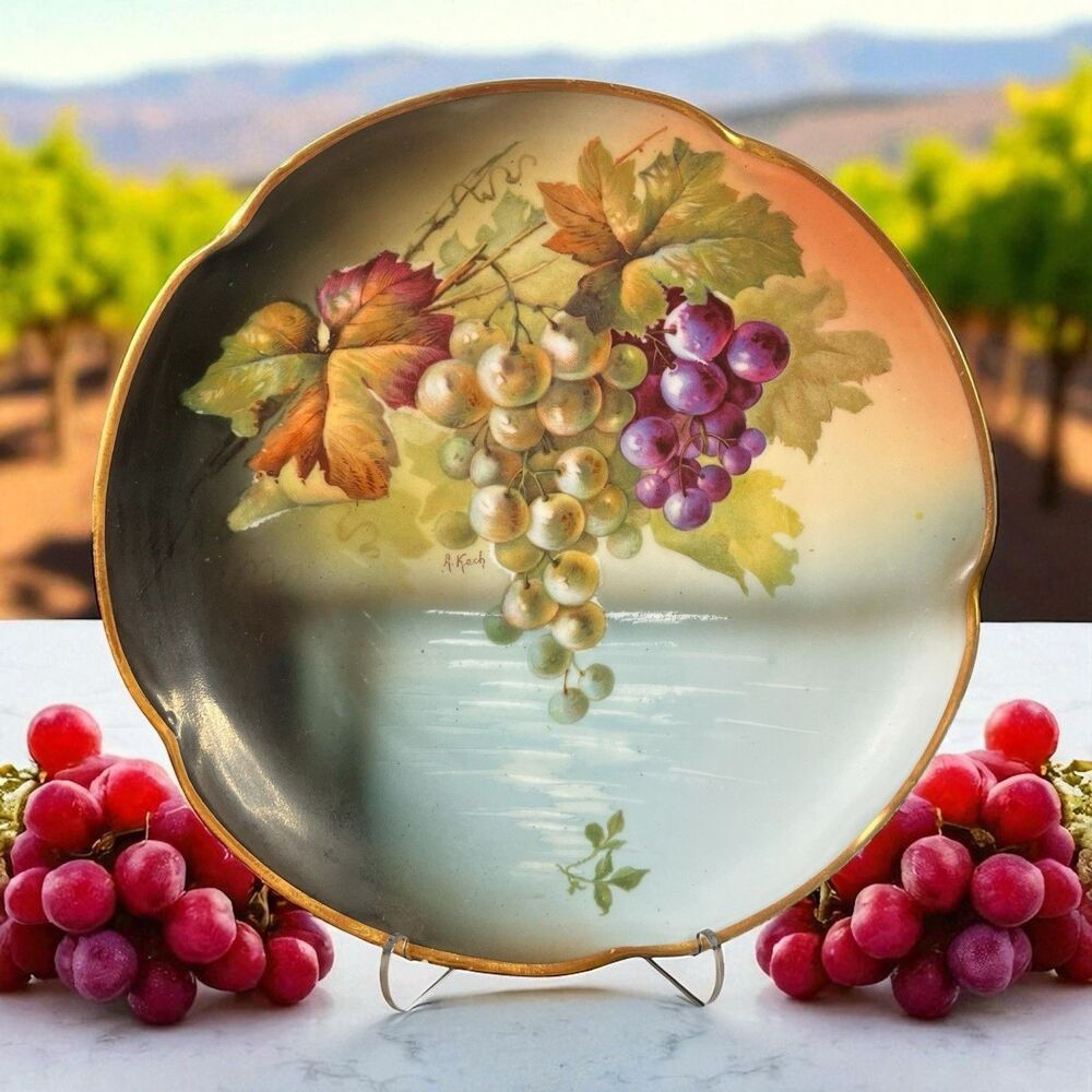 Vintage J&C Bavaria Plate Signed A. Koch Hand-Painted Grapes Gold Trim 8.5"Wide